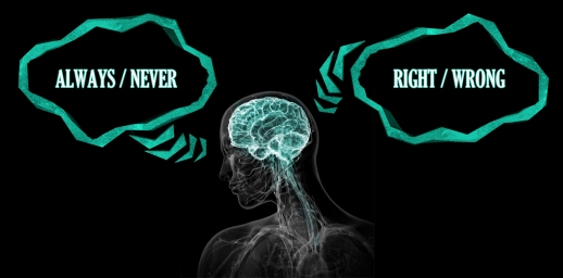 An x-ray style picture of a person, nervous system visible, brain highlighted in turquoise and white. Over the person's head, thought balloons read "Always/Never" and "Right/Wrong".